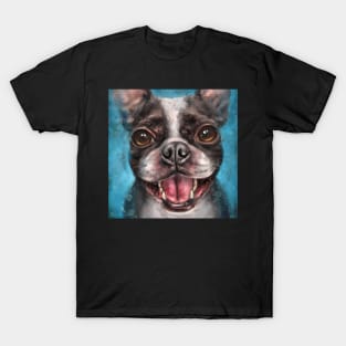 Contemporary Painting of a Young Boston Terrier Smiling on Blue Background T-Shirt